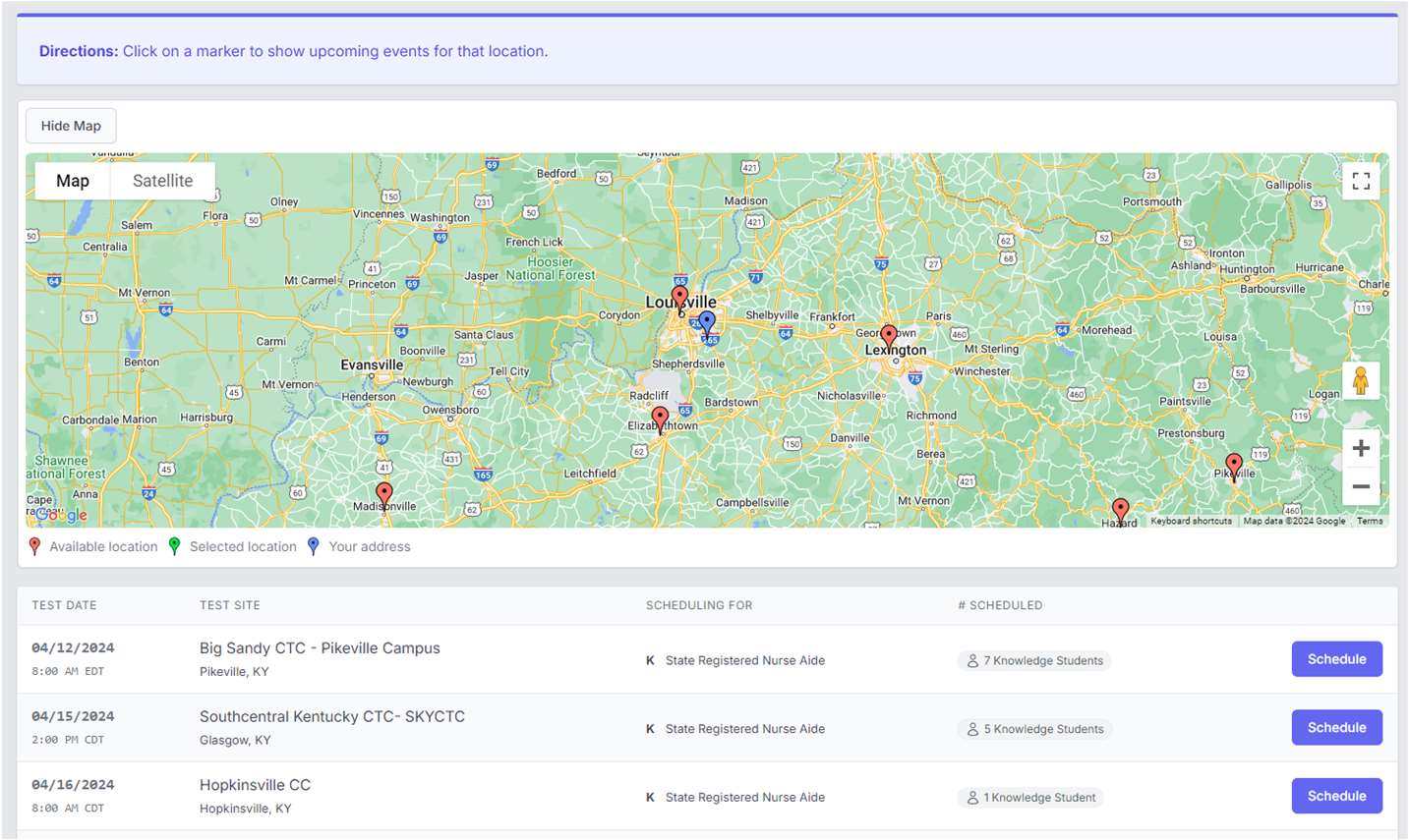 Map Showing location to schedule a test at testing site