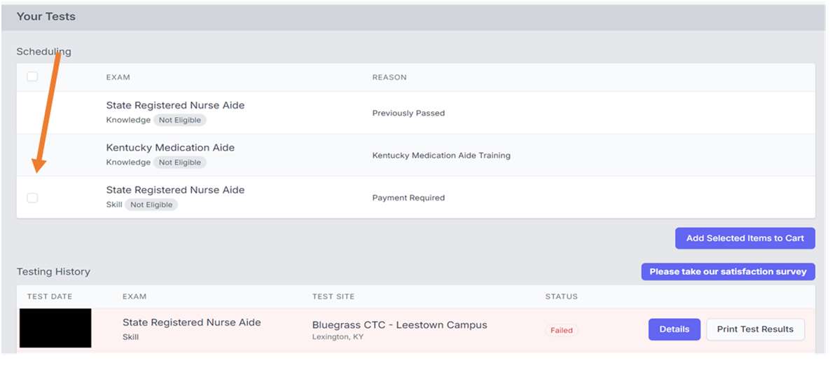 If student did not pass the exam, the option to pay for the failed exam retake will also be on the results screen and the process is the same: